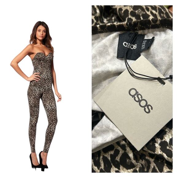 ASOS Leopard Print Strapless Jumpsuit NWT Bodycon Catsuit / Size US 8 - - Picture 1 of 4